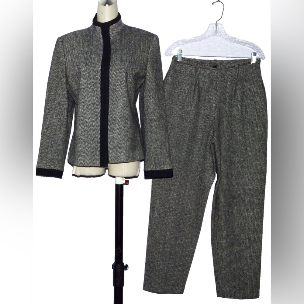 BRIDGETOWN CO. VTG 90 SZ M HERRINGBONE 100% WOOL PANT SUIT JACKET PANTS 2 PC SET